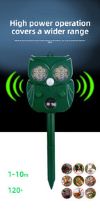 Solar Ultrasonic Animal Repeller - Owl Design with 14 LED Flashing Lights - Outdoor Motion Sensor Deterrent for Birds, Cats, Dogs & Rodents - 5 Adjustable Modes with USB Charging