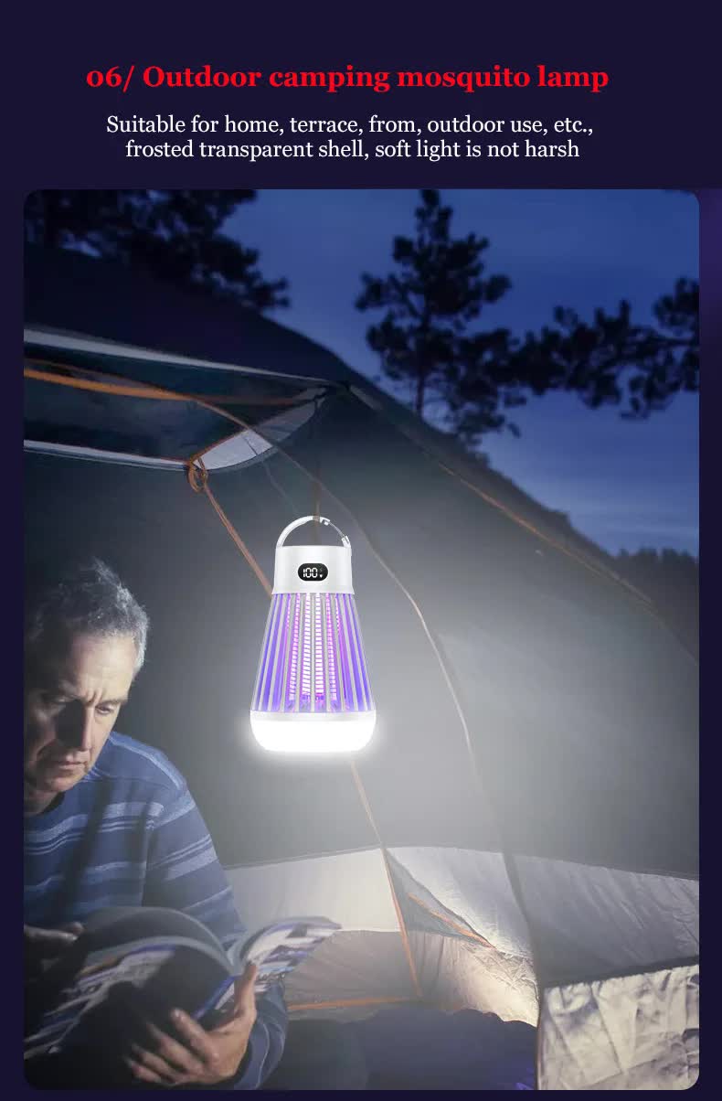 2-in-1 Rechargeable Mosquito Zapper & Camping Lantern - 2000V Electric Insect Killer with Smart Digital Display - 2000mAh Battery Portable Bug Trap for Outdoor Tent Patio & Home - IPX5 Waterproof - Black