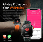 Rugged Outdoor Smart Watch for Men - 1100mAh Extra Long Battery with LED Flashlight & Compass - 2.01" HD Screen Bluetooth Calling IP68 Waterproof Fitness Tracker - Orange