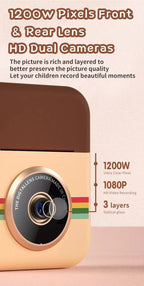 Kids Instant Print Camera with 32GB SD Card & 3 Paper Rolls - Retro Thermal Digital Camera & Video Recorder - 1080P Dual Lens Selfie Toy Gift - Brown