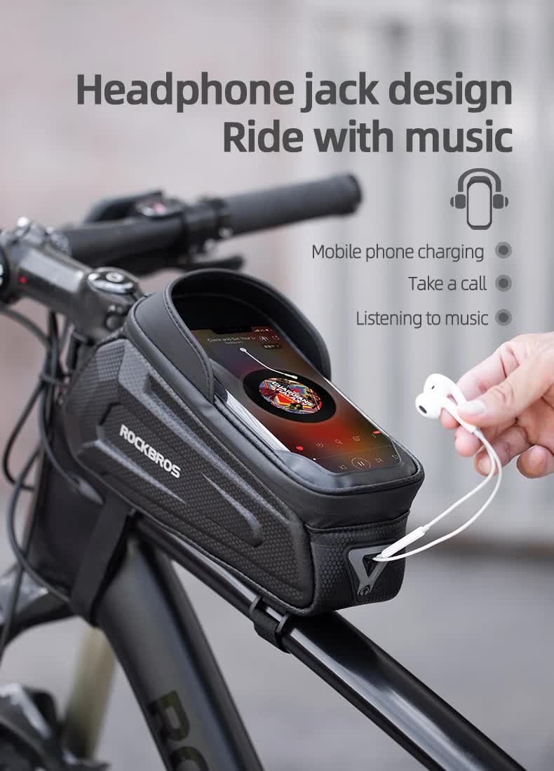 ROCKBROS Hard Shell Bike Top Tube Bag - Waterproof Cycling Frame Pouch with TPU Touchscreen Phone Holder & Sun Visor - 1.7L Large Capacity for MTB & Road Bikes - Black