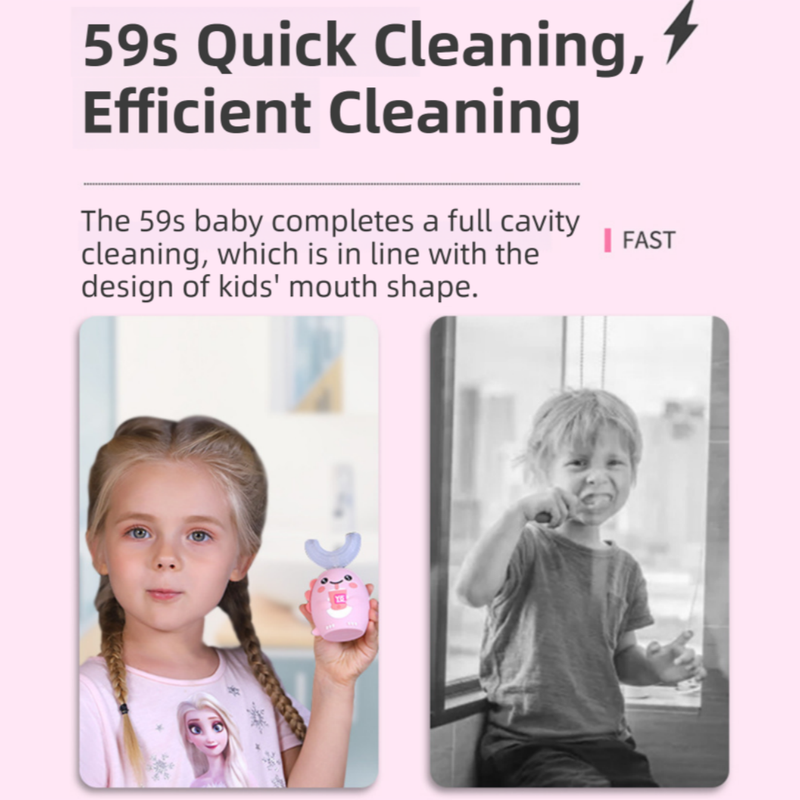 K18 Blue Raccoon 360° U-Shaped Electric Toothbrush Set for Children 2-6 Years Old - Silicone Soft Bristle Oral Cleaner with 6 Modes & 3 Small Brush Heads