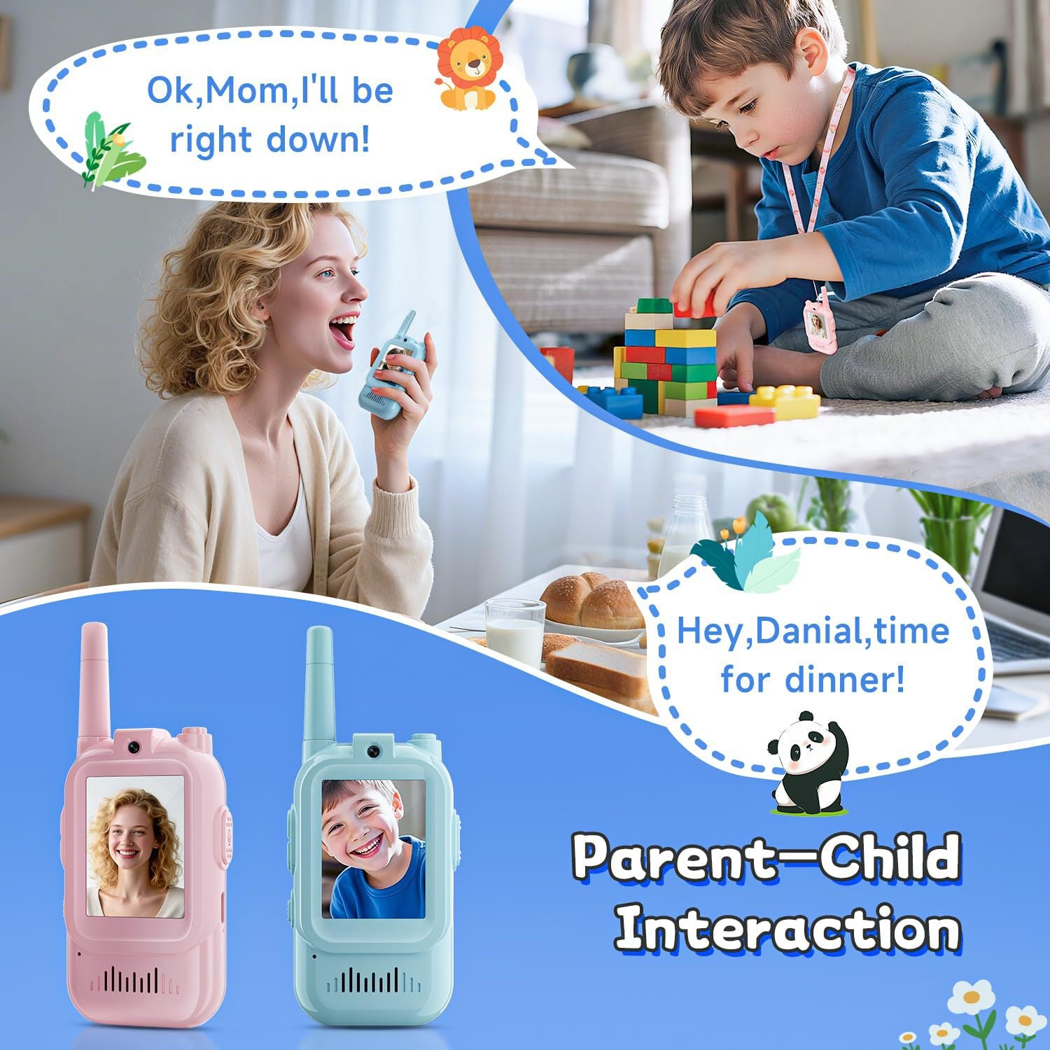 2-Pack Mini Wireless Video Intercom Set for Children(Blue & Pink) - Educational and Interactive Dual-Frequency Walkie Talkie Toy for Playtime