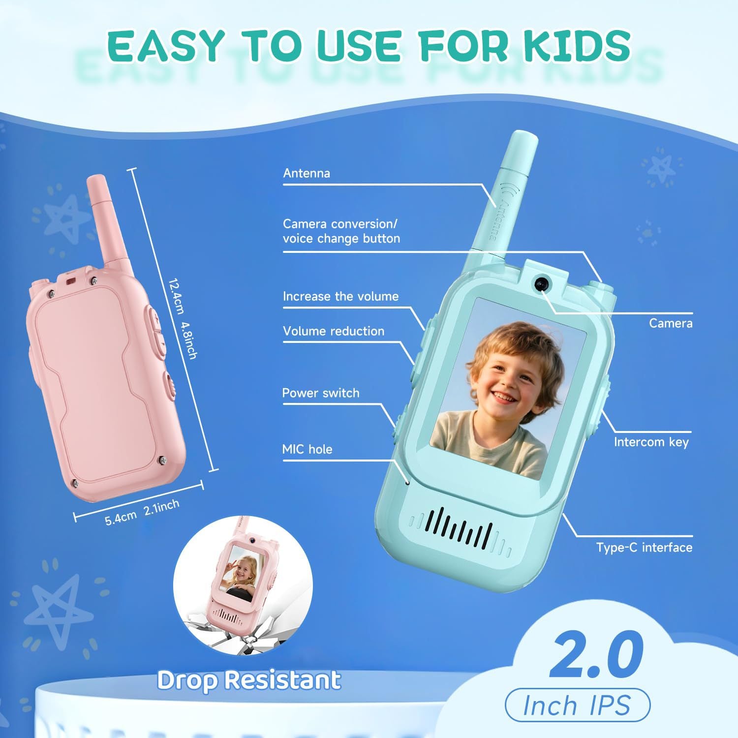 2-Pack Mini Wireless Video Intercom Set for Children(Blue & Pink) - Educational and Interactive Dual-Frequency Walkie Talkie Toy for Playtime