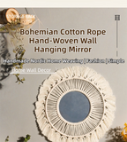 M0864 Bohemian Macrame Wall Hanging Mirror with Hand-Woven Petal Accents - Artistic Round Fringe Mirror for Home Decor