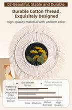 M0864 Bohemian Macrame Wall Hanging Mirror with Hand-Woven Petal Accents - Artistic Round Fringe Mirror for Home Decor