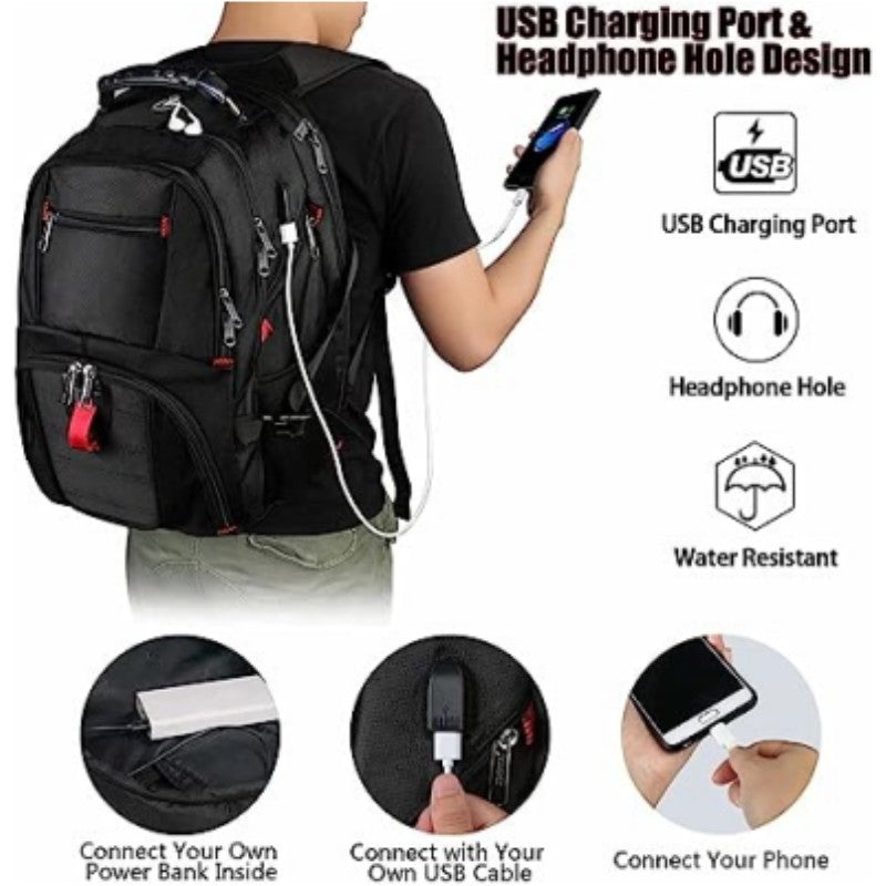 Black 50L Extra Large Laptop Backpack with USB Charging Port - Waterproof Oxford Fabric Travel & Business Bag, Fits up to 16-inch Laptops
