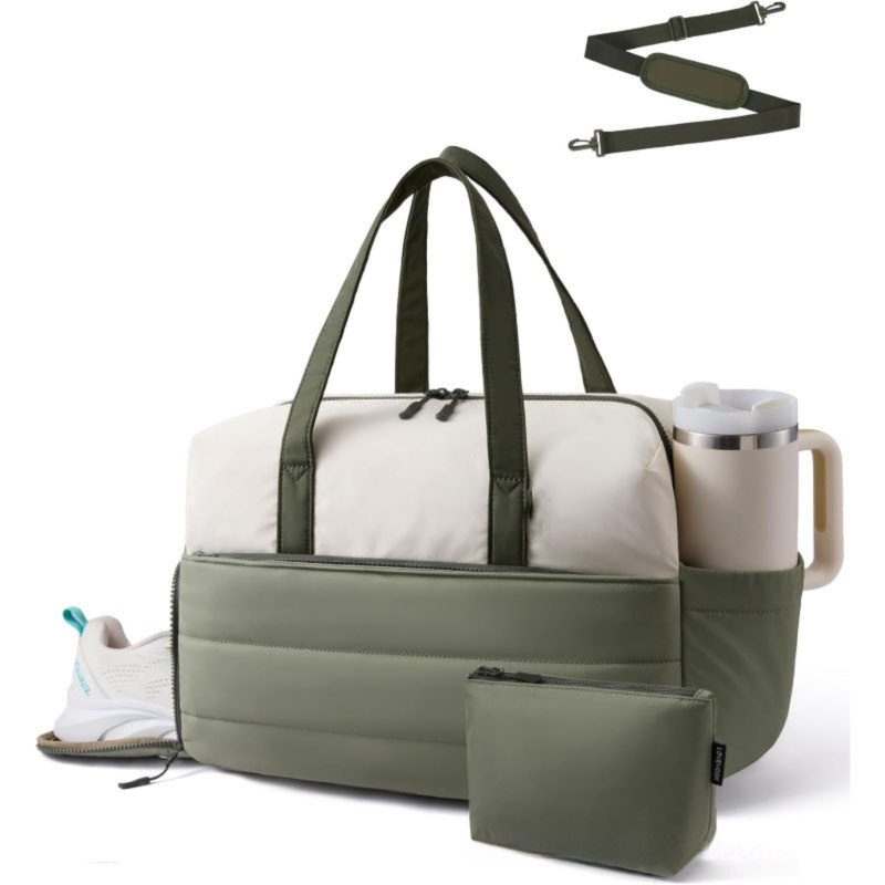 Green Multi-Functional Large Capacity Gym Bag - Weekend Sports Travel Canvas Tote with Water Bottle Fixation, Shoe Compartment & Accessory Pouch