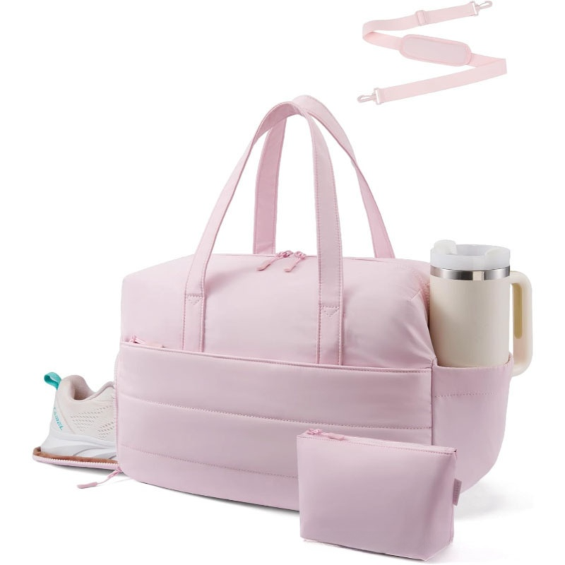 Pink Multi-Functional Large Capacity Gym Bag - Weekend Sports Travel Canvas Tote with Water Bottle Fixation, Shoe Compartment & Accessory Pouch