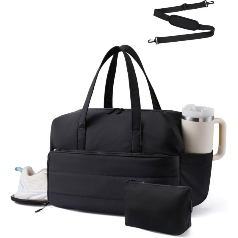 Black Multi-Functional Large Capacity Gym Bag - Weekend Sports Travel Canvas Tote with Water Bottle Fixation, Shoe Compartment & Accessory Pouch