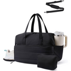 Black Multi-Functional Large Capacity Gym Bag - Weekend Sports Travel Canvas Tote with Water Bottle Fixation, Shoe Compartment & Accessory Pouch