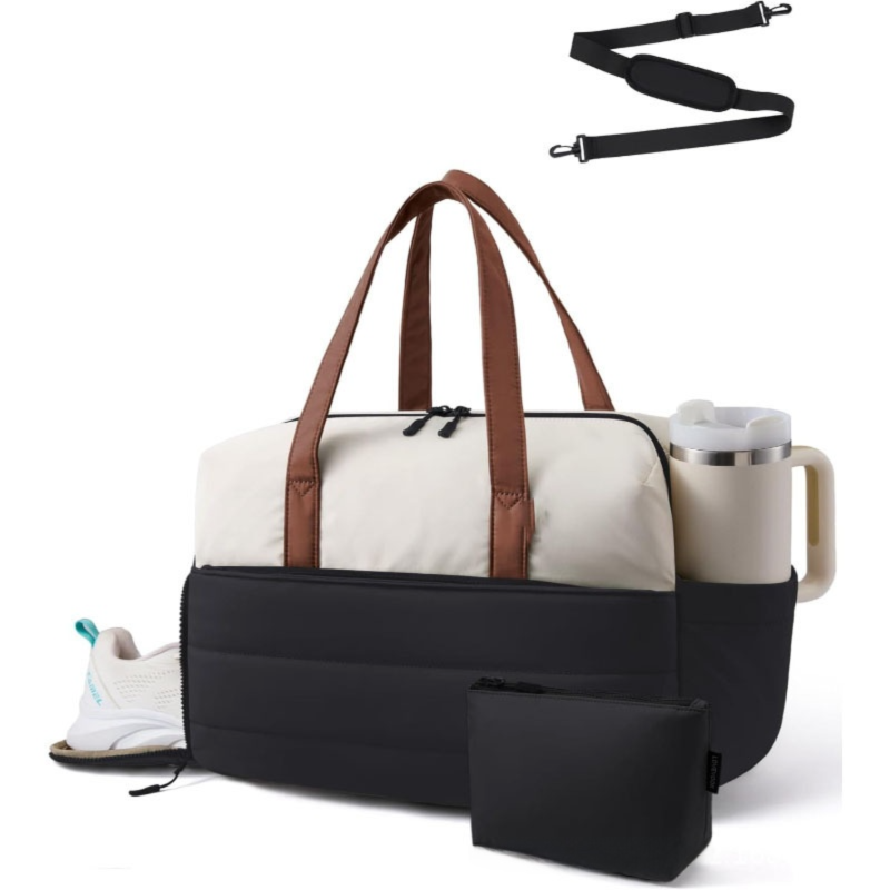 Black & White Multi-Functional Large Capacity Gym Bag - Weekend Sports Travel Canvas Tote with Water Bottle Fixation, Shoe Compartment & Accessory Pouch