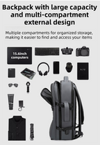 Grey Premium Business Expandable Travel Backpack with External USB Charging - 20-35L Large-Capacity & Waterproof Commuter Daypack