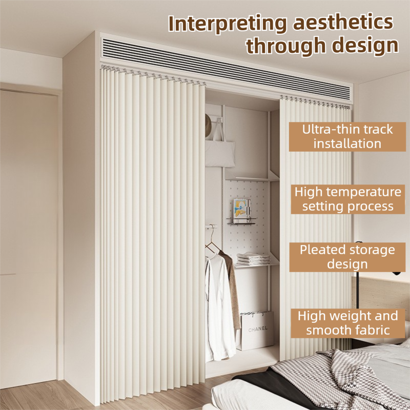 100 X 180 CM Khaki Linen-Look Dust Drill-Free Pull-Curtain - Folding Doorless Closet Divider with Magnetic Closure & Hanging Rings