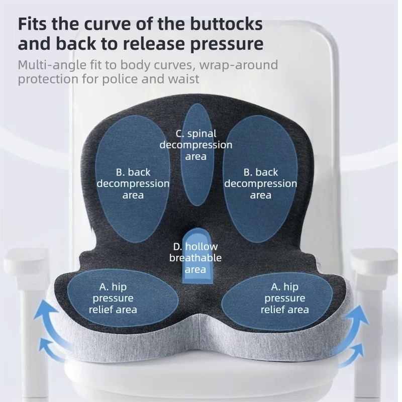 Black-Grey Ergonomic Memory Foam Seat Cushion & Lumbar Support(44x42x32CM) - Relieves Sciatica & Corrects Posture with Breathable Cover