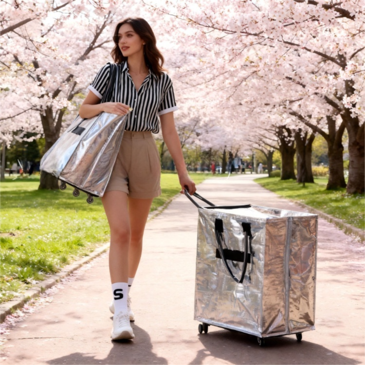 Gold Portable Folding Shopping Trolley Bag(50x40x30CM) - Durable Woven Fabric, Reusable Grocery Bag with Wheels for Effortless Travel