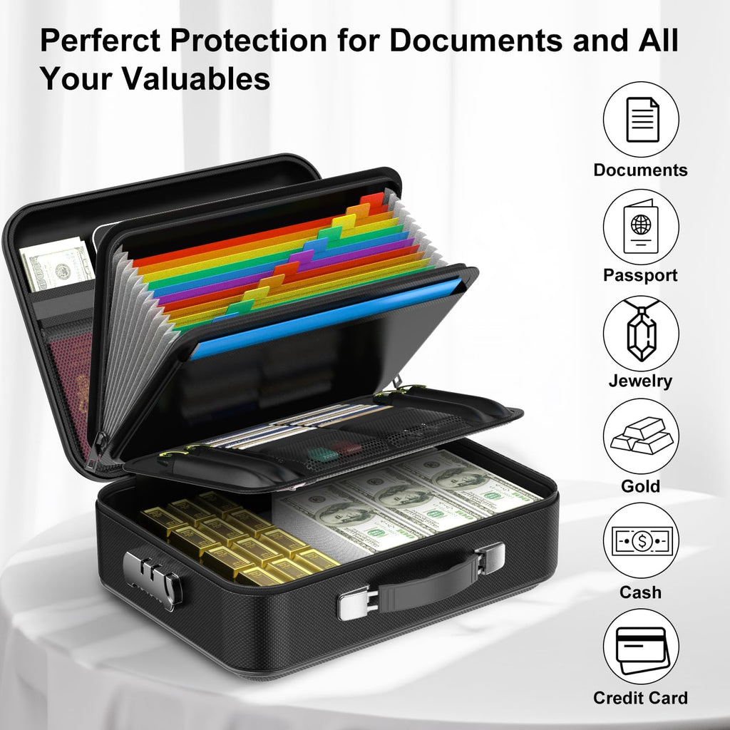 3-Layer Fireproof & Waterproof File Organizer Box(38x28x13CM) with Security Lock - EVA Muti-Functional Safety Briefcase for Certificates, Passports & Valuables