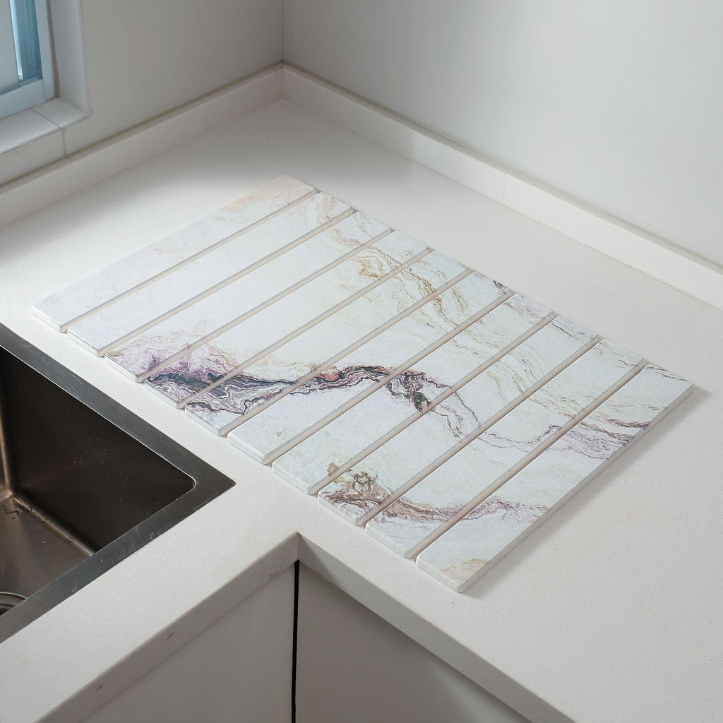 30x40cm Foldable Marble Pattern Kitchen Dish Drainer(Style 2) - Ultra-Absorbent Natural Stone Mat, Fast-Drying & Space-Saving