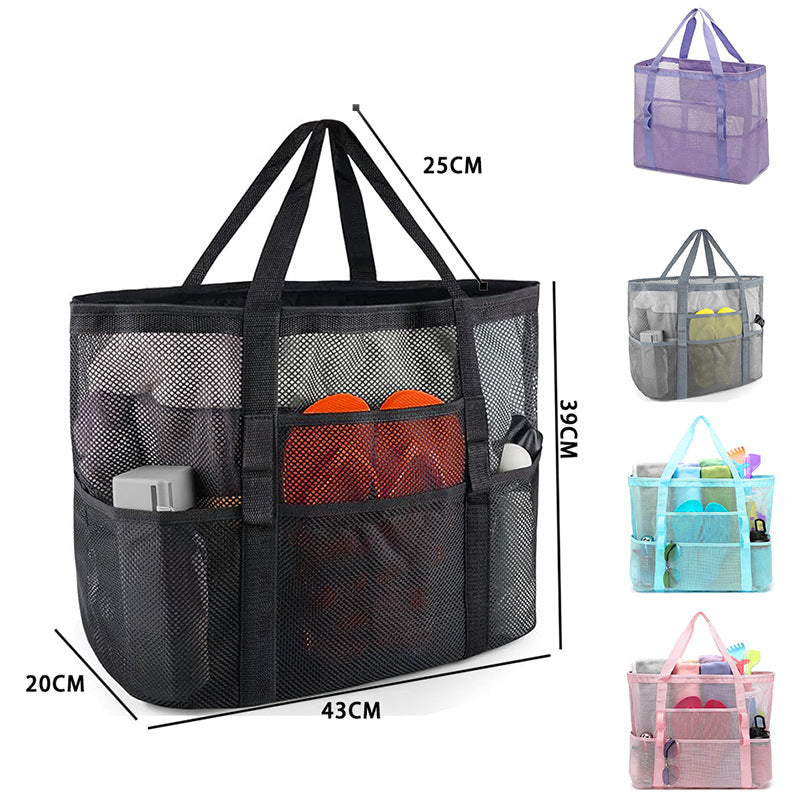 2-PCS Green Mesh Beach Tote Bag – Large Capacity Swim Gear Organizer with Multiple Pockets for Shoes, Swimsuits, and Essentials