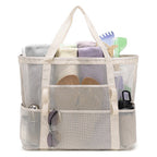 2-PCS Beige Mesh Beach Tote Bag – Large Capacity Swim Gear Organizer with Multiple Pockets for Shoes, Swimsuits, and Essentials