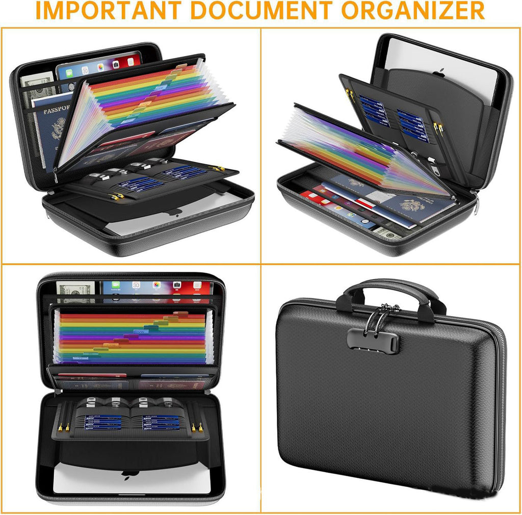 Black Fireproof EVA Hard-Shell File Organizer Briefcase with Combination Lock Waterproof Accordion Document Storage Bag for Australian Home Office and Business