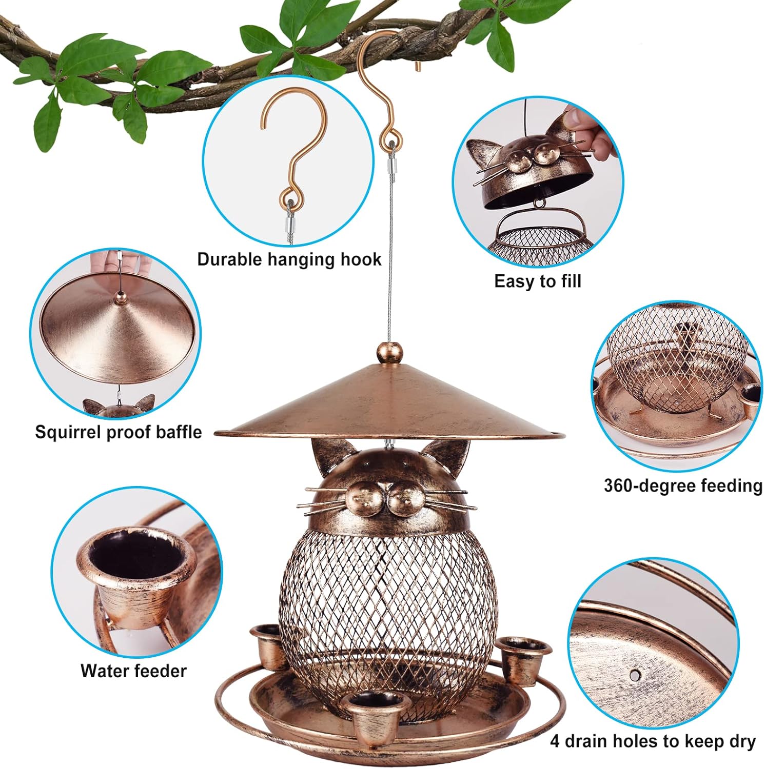 Fine mesh + 3 water cups Whimsical Cat Shaped Metal Bird Feeder Hanging Mesh Wild Bird Seed Holder for Garden Courtyard Decorative Feeding Solution for Local Wildlife Lovers