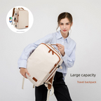 Beige Large Capacity Backpack with USB Charging Port and Waterproof Fabric for Travel Work and Daily Use