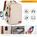Beige Large Capacity Backpack with USB Charging Port and Waterproof Fabric for Travel Work and Daily Use