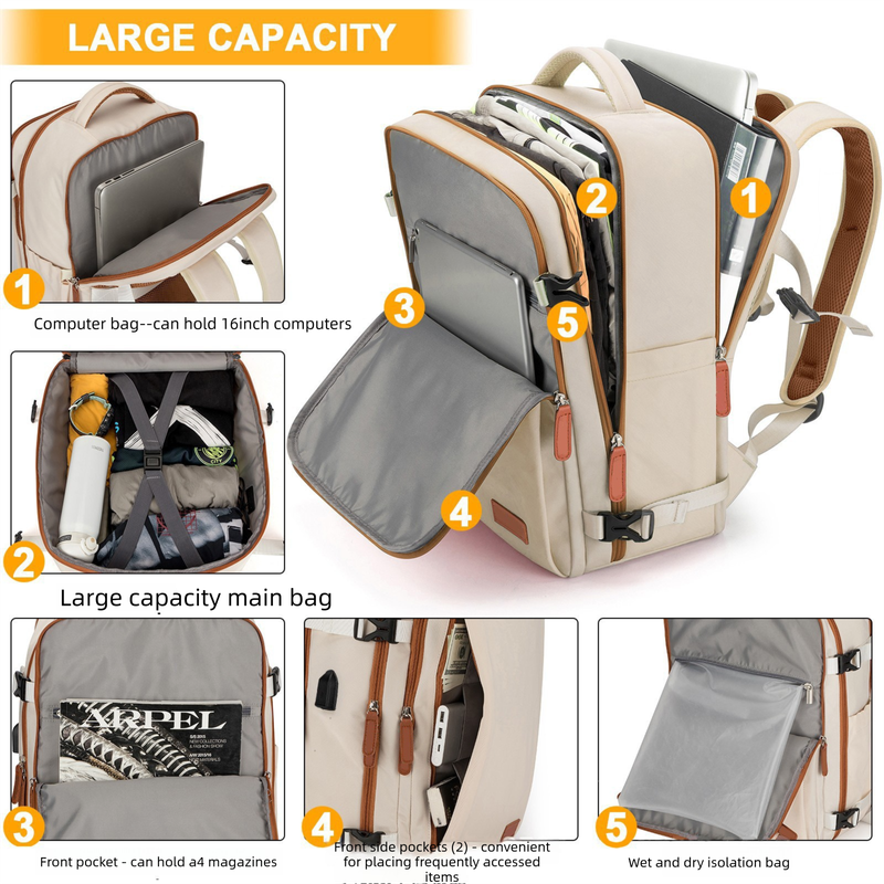 Blue Large Capacity Backpack with USB Charging Port and Waterproof Fabric for Travel Work and Daily Use
