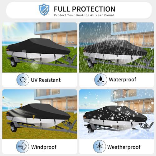 17-19ft Waterproof Boat Cover Trailerable V-Hull Runabout UV Resistant Marine Grade Storage Tarpaulin with Straps (Black, 600cm x 310cm)