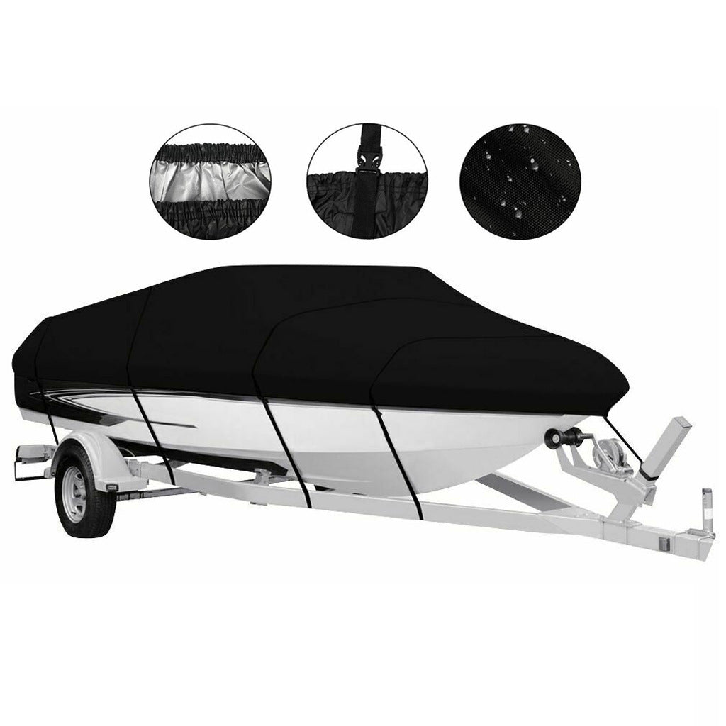 20-22ft Waterproof Boat Cover Trailerable V-Hull Runabout UV Resistant Marine Grade Storage Tarpaulin with Straps (Black, 700cm x 320cm)