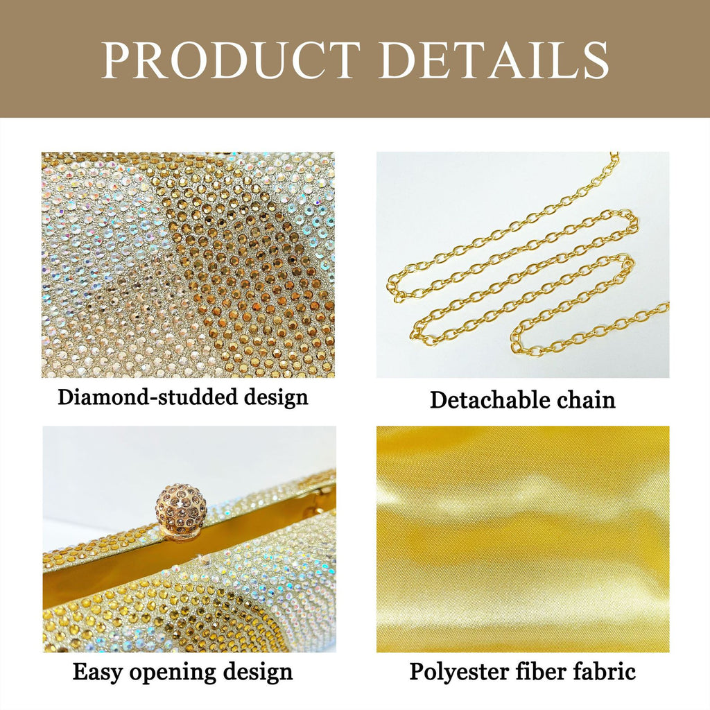 Luxury Black Crystal Evening Clutch Bag Gradient Rhinestone Hard Case Purse with Detachable Chain for Wedding Prom Cocktail Party Fits Smartphone