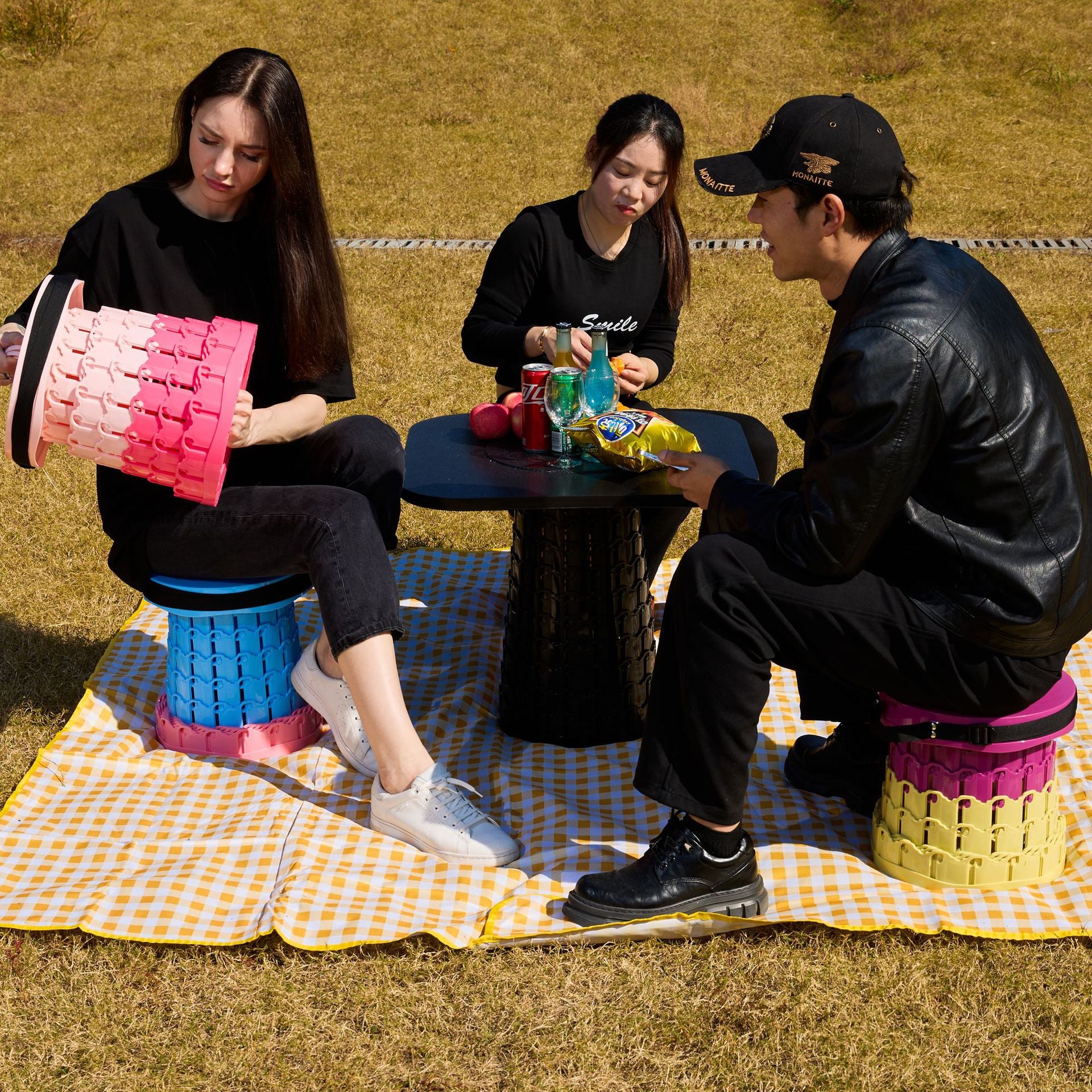 Portable Retractable Stool MAX Gen 8 Telescopic Camping Seat 50cm Tall Extra Wide Heavy Duty Mustard Purple & Mango Yellow for Camping & Festivals