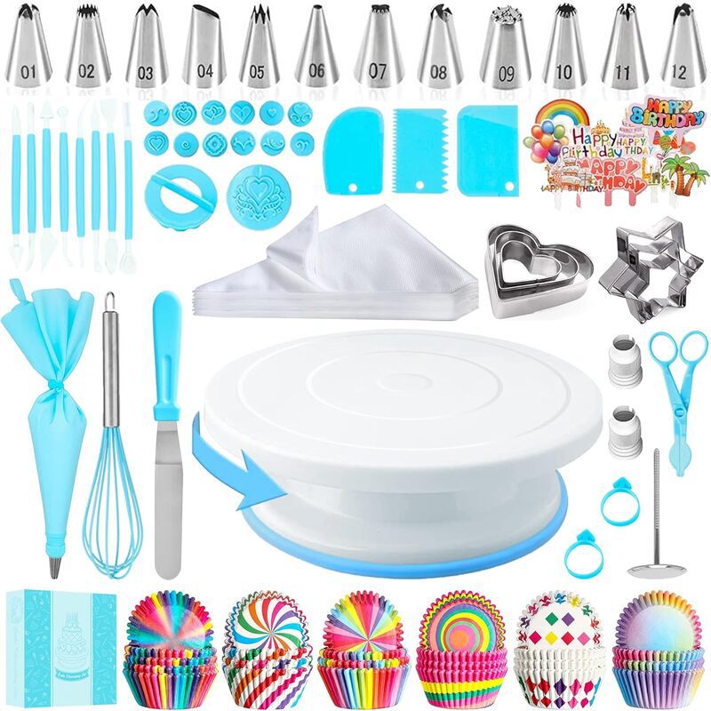 255 Piece Cake Decorating Kit Rotating Turntable Stand Baking Set with Piping Nozzles Pastry Bags Cupcake Liners Spatula Scraper for DIY Birthday Cakes Blue