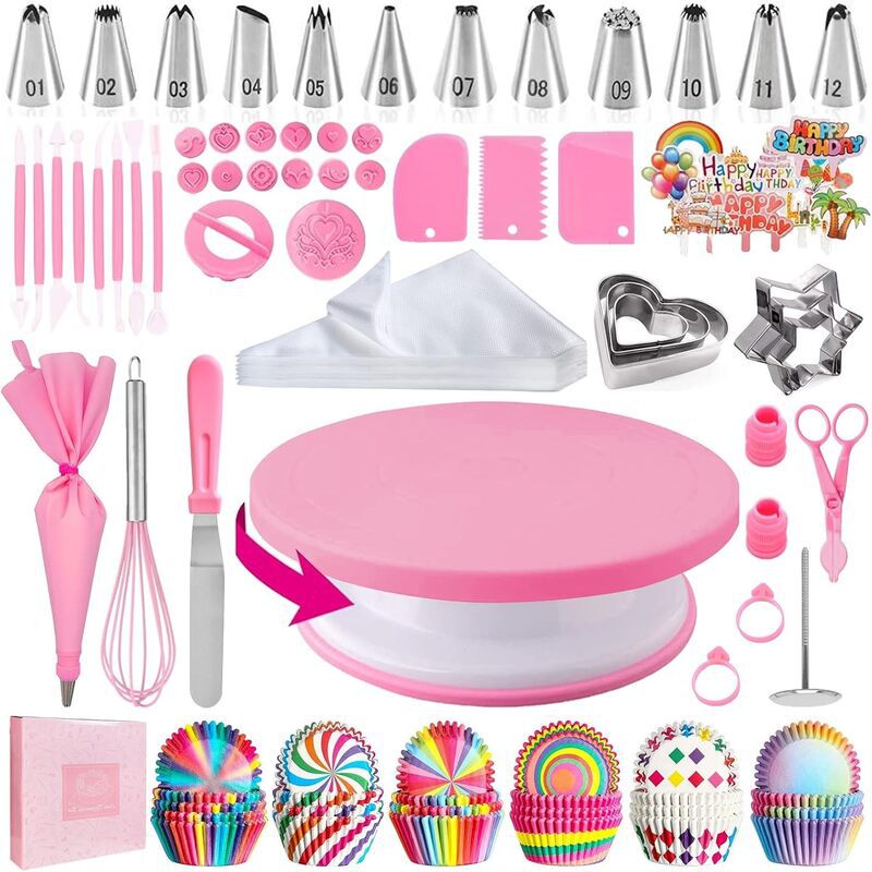 255 Piece Cake Decorating Kit Rotating Turntable Stand Baking Set with Piping Nozzles Pastry Bags Cupcake Liners Spatula Scraper for DIY Birthday Cakes Pink