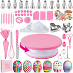 255 Piece Cake Decorating Kit Rotating Turntable Stand Baking Set with Piping Nozzles Pastry Bags Cupcake Liners Spatula Scraper for DIY Birthday Cakes Pink