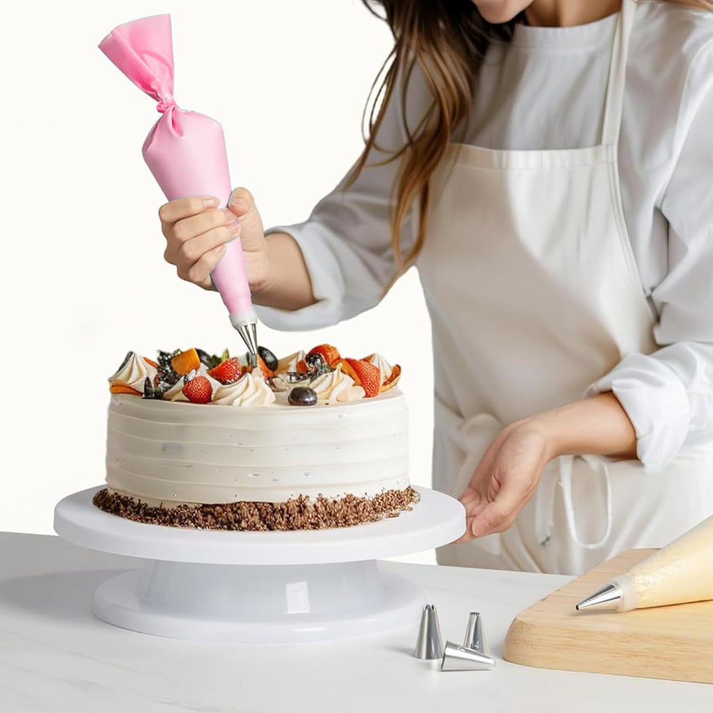 255 Piece Cake Decorating Kit Rotating Turntable Stand Baking Set with Piping Nozzles Pastry Bags Cupcake Liners Spatula Scraper for DIY Birthday Cakes Pink