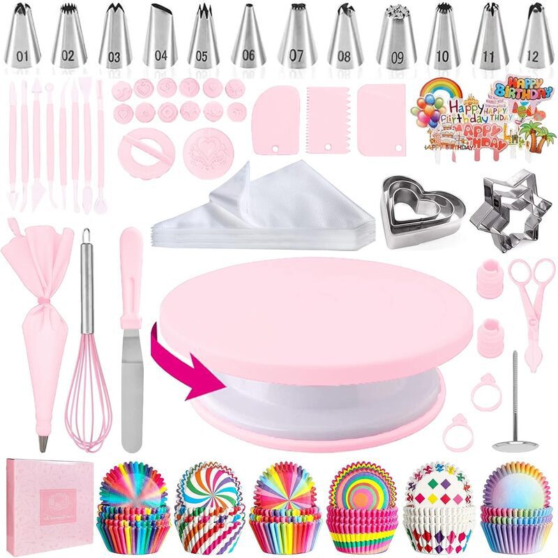 255 Piece Cake Decorating Kit Rotating Turntable Stand Baking Set with Piping Nozzles Pastry Bags Cupcake Liners Spatula Scraper for DIY Birthday Cakes Light Pink