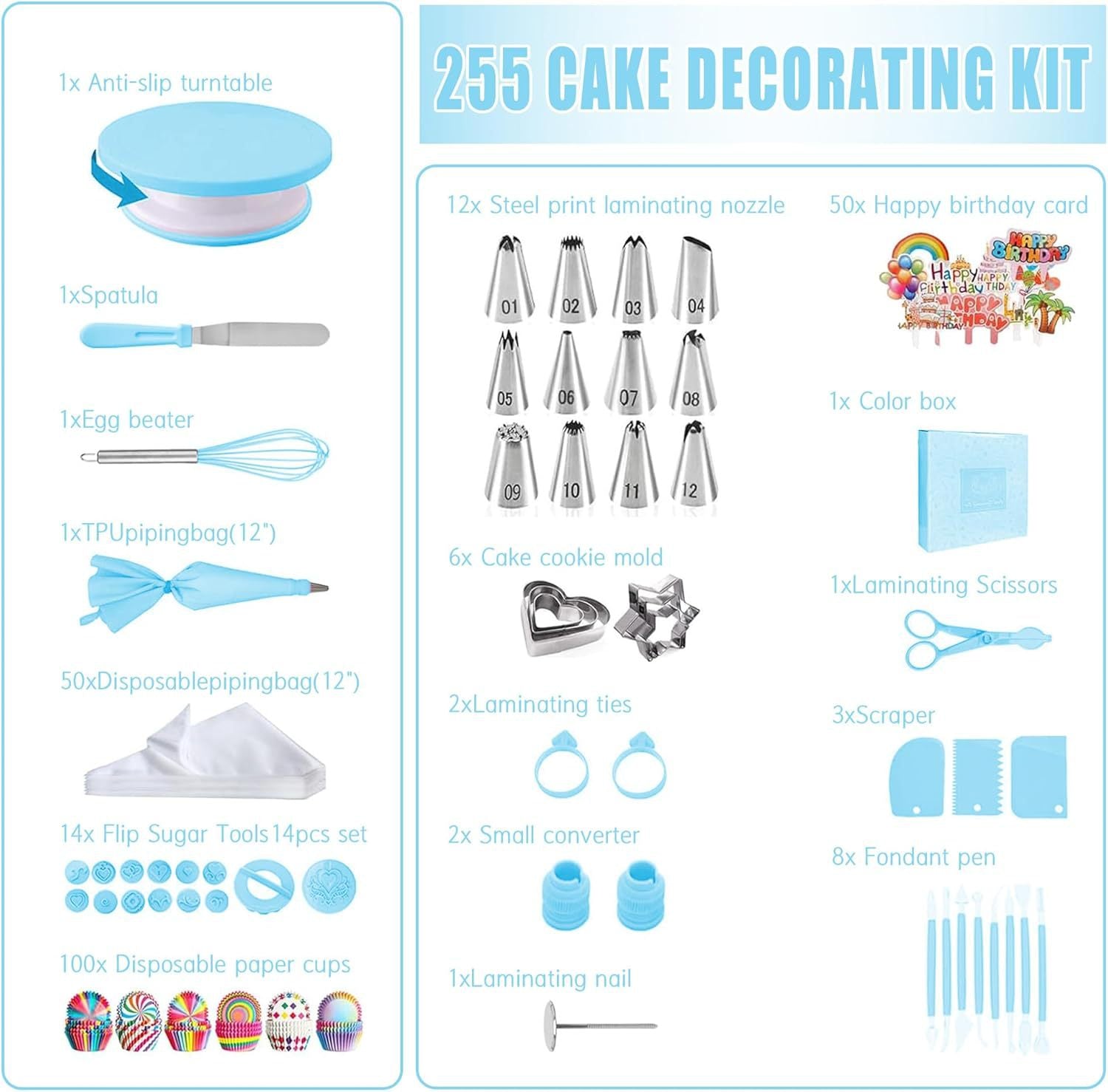 255 Piece Cake Decorating Kit Rotating Turntable Stand Baking Set with Piping Nozzles Pastry Bags Cupcake Liners Spatula Scraper for DIY Birthday Cakes Light Pink