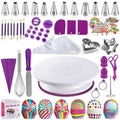 255 Piece Cake Decorating Kit Rotating Turntable Stand Baking Set with Piping Nozzles Pastry Bags Cupcake Liners Spatula Scraper for DIY Birthday Cakes Purple
