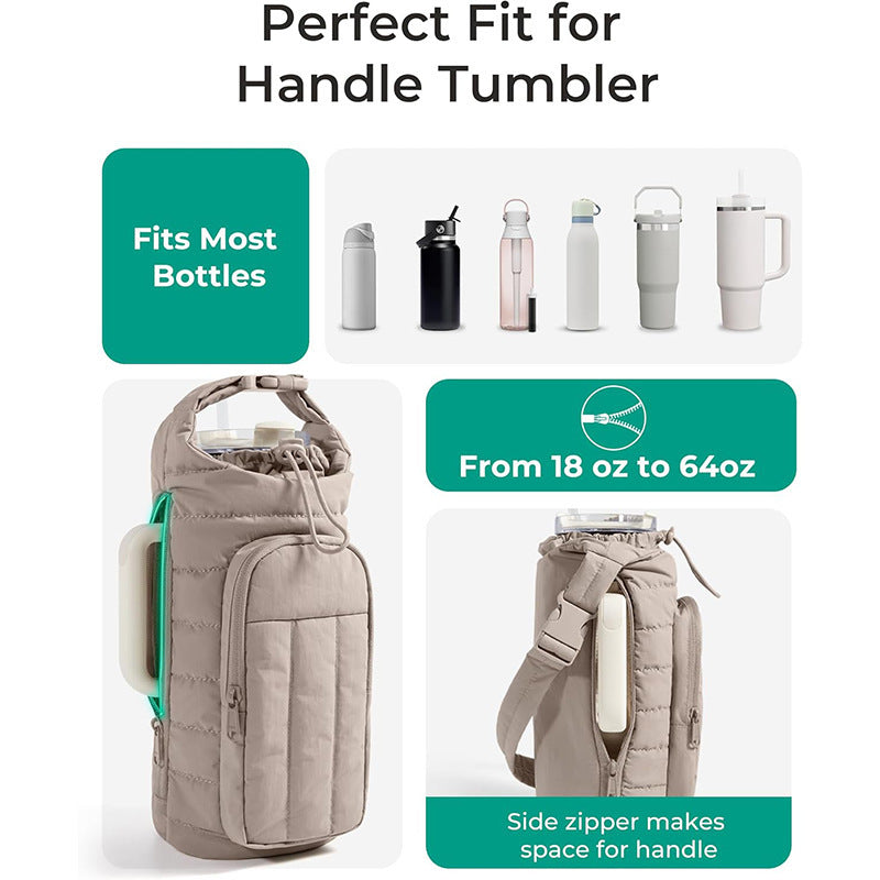 Khaki Nylon Quilted Insulated Water Bottle Bag for 18-64oz Flask - Lightweight Sports & Travel Puffer Shockproof Protective Pouch