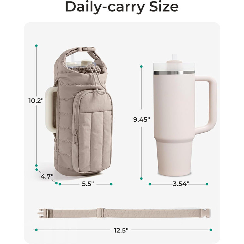 Khaki Nylon Quilted Insulated Water Bottle Bag for 18-64oz Flask - Lightweight Sports & Travel Puffer Shockproof Protective Pouch