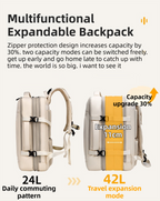 Beige Expandable Travel Laptop Backpack with USB Charging Port - Waterproof Nylon Business Bag with 11cm Depth Extension (45x32cm)
