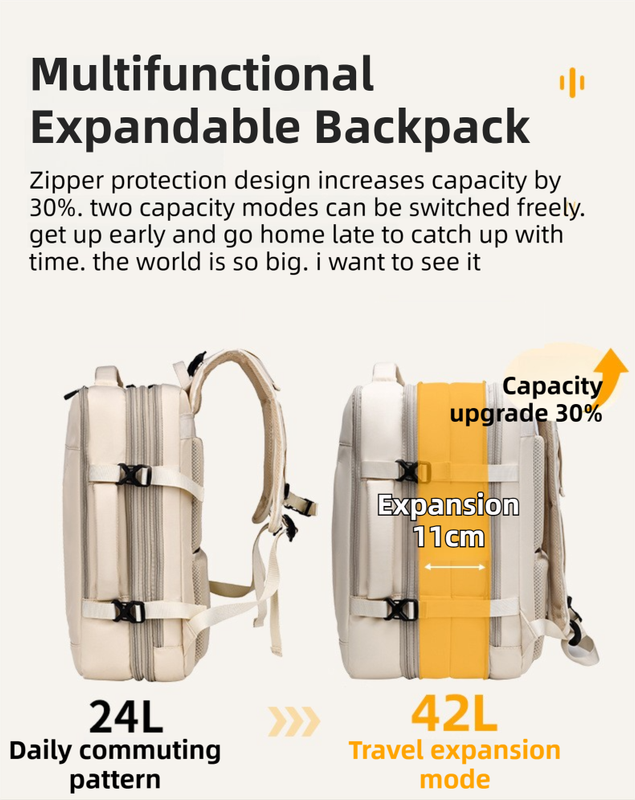 Grey Expandable Travel Laptop Backpack with USB Charging Port - Waterproof Nylon Business Bag with 11cm Depth Extension (45x32cm)