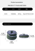 Black 1L Portable Collapsible Camping Kettle - Food-Grade Silicone Body with 304 Stainless Steel Base, Compatible with Induction & Gas Stoves