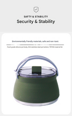 Black 1L Portable Collapsible Camping Kettle - Food-Grade Silicone Body with 304 Stainless Steel Base, Compatible with Induction & Gas Stoves
