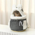 Grey 2-in-1 Ultra-Soft Plush Pet Carrier & Mobile Bed - Portable & Lightweight Cute Rabbit Ear Design Travel Cabin (L 33 x 25 x 27CM)