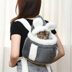 Grey 2-in-1 Ultra-Soft Plush Pet Carrier & Mobile Bed - Portable & Lightweight Cute Cat Ear Design Travel Cabin (L 33 x 25 x 27CM)