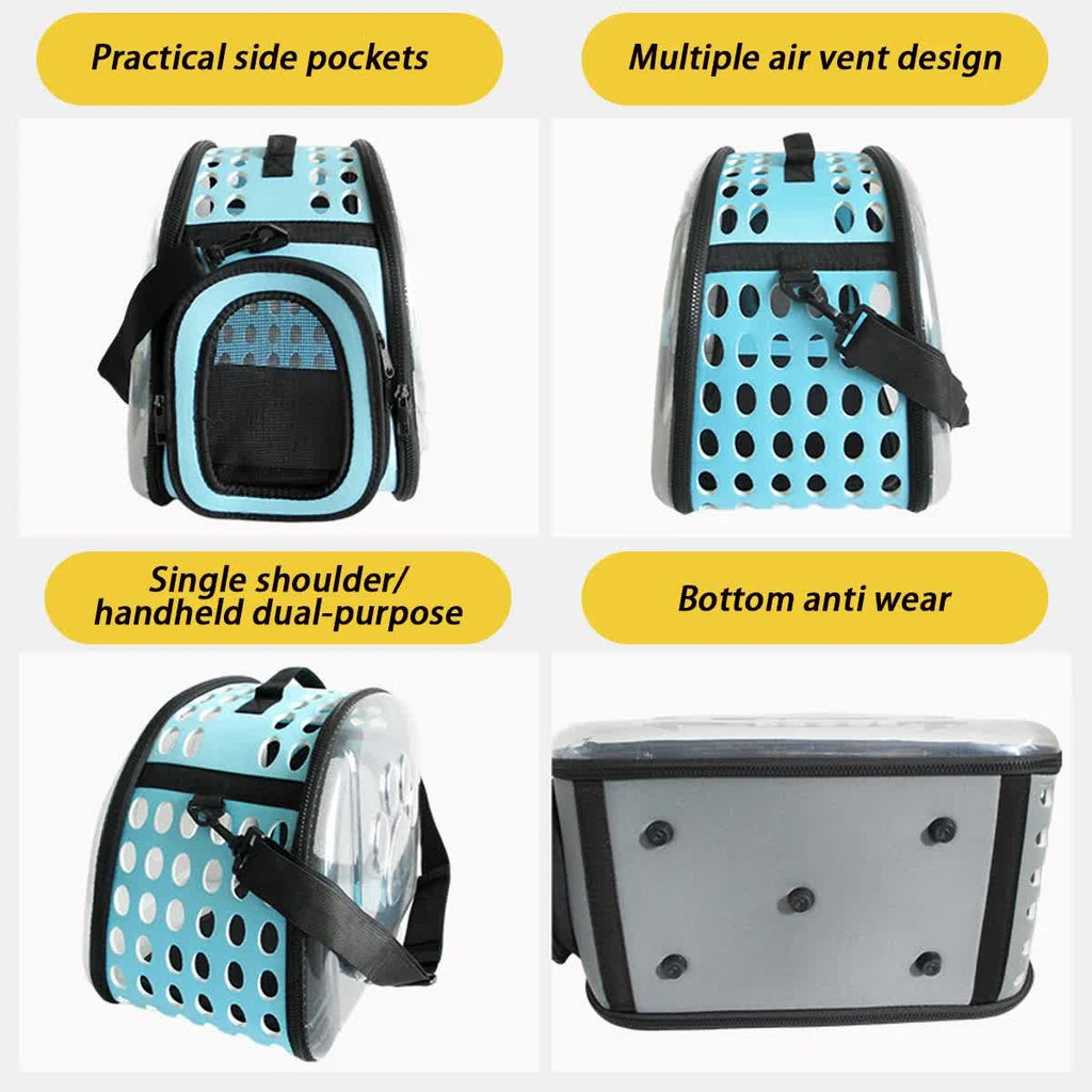 Grey Foldable Breathable Pet Carrier with Panoramic Window & Strap - EVA &  Lychee Leather Crossbody Travel Bag (L 42 x 33 x 28.5CM)
