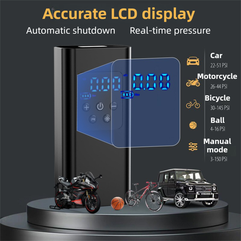 Wireless Rechargeable Tire Inflator with 4 Inflation Modes & 5 Inflatable Parts - Real-Time LCD Precision Gauge, Auto-Stop & Emergency LED Light(3-Cell)